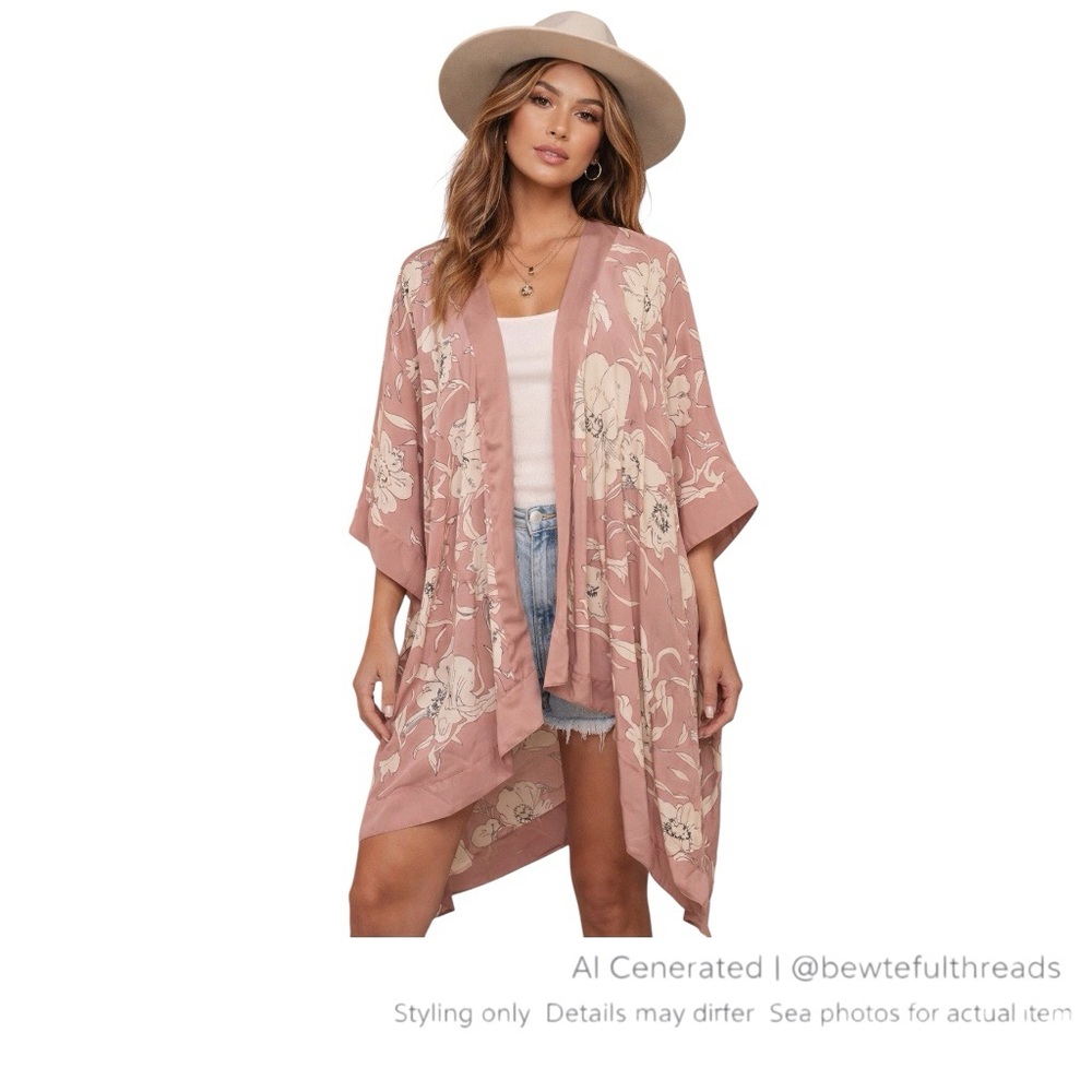 Vince Camuto Floral Kimono Duster Cream Black Lightweight Layer OS